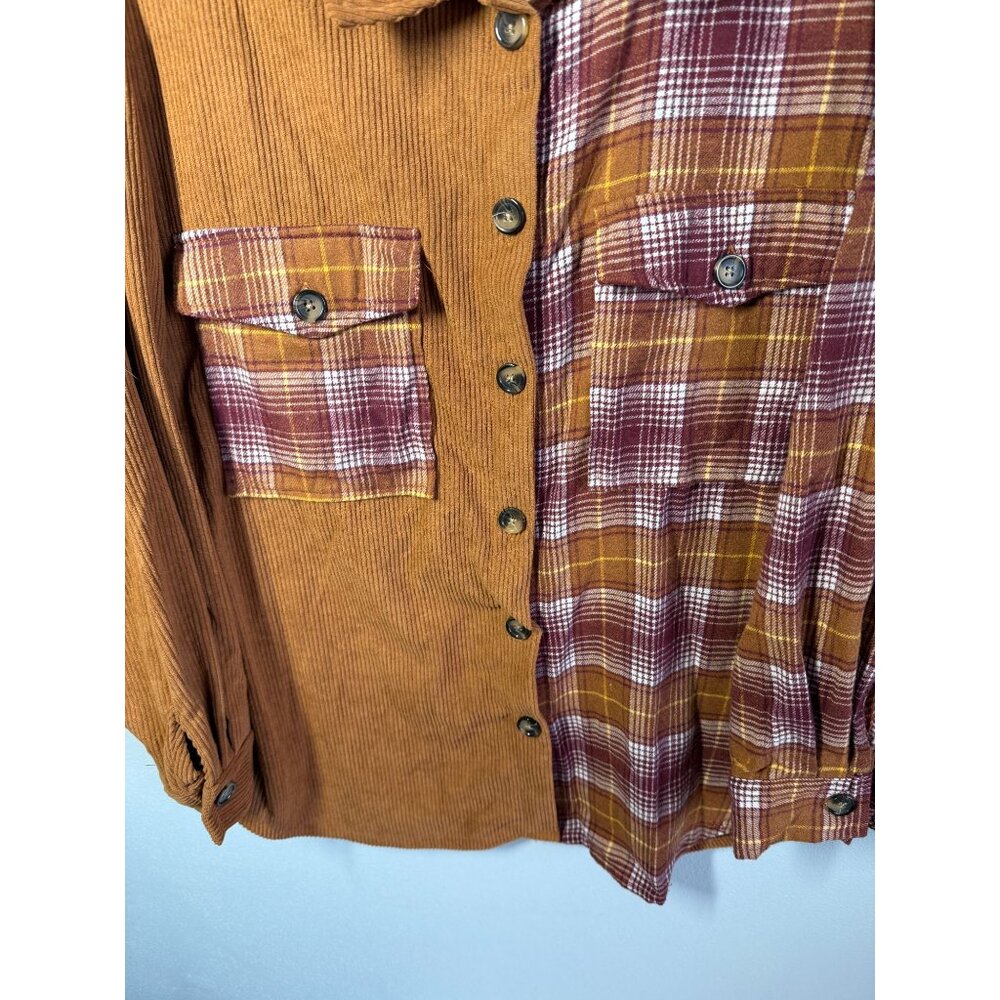 NWT N.Y.L.A. Patchwork Corduroy Flannel Shacket Womens Large‎ Brown/Burgundy - Picture 4 of 12